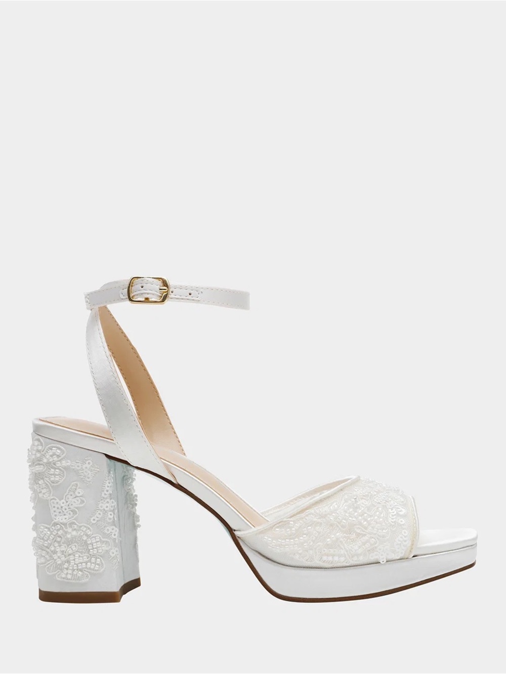 BETSEY JOHNSON JUNIE IVORY EMBELLISHED BLOCK HEELS 7